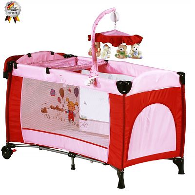 BabyGo Patut pliant cu 2 nivele si mini-carusel Sleeper Deluxe roz