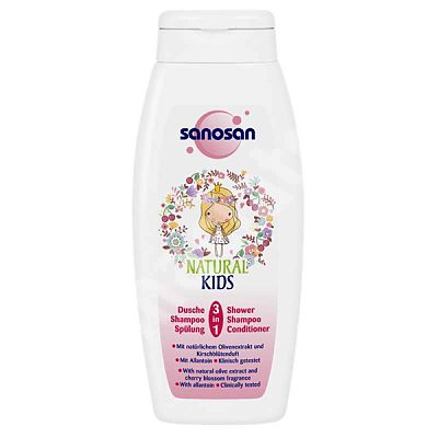 Sanosan NATURAL KIDS Sampon, Balsam si gel de dus 3in1 pentru fetite, 250 ml